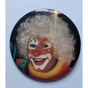 Clown White Curly Hair Smiling Creepy Pinback Button 1983 Vintage